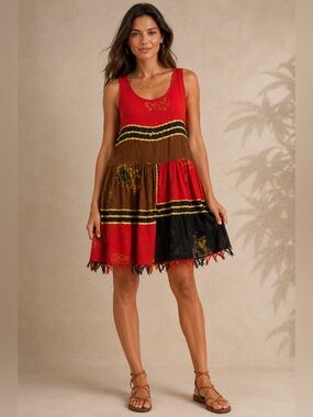 Boho Patchwork Fringe Dress | Sleeveless Festival Dress | One Size
